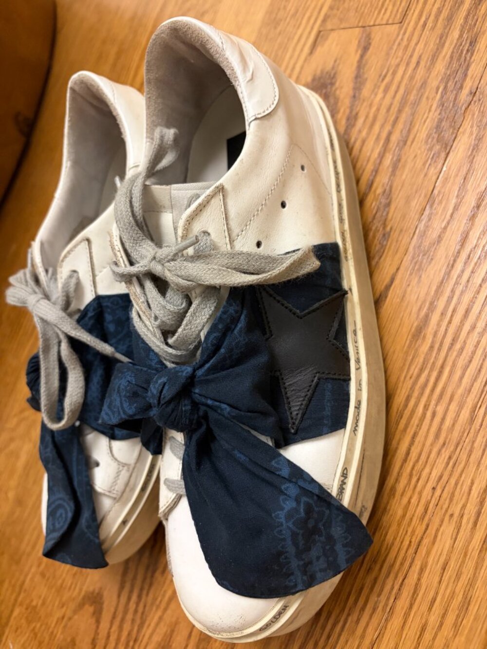 Golden Goose Hi Star Leather Sneakers White Navy Star Scarf Laces EU 38 US 8 - Picture 5 of 9
